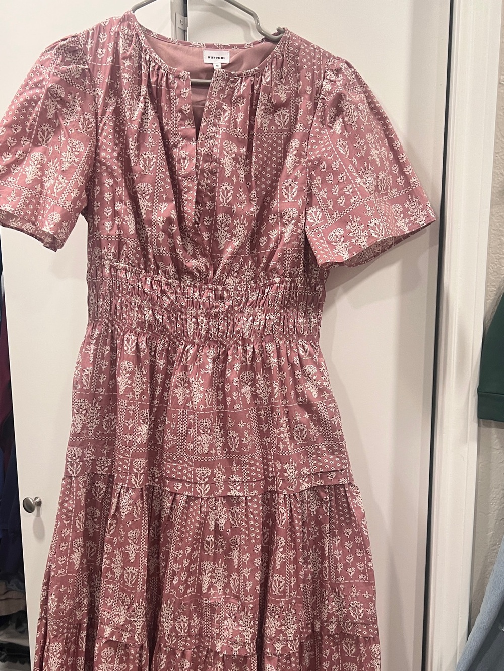 Aureum tiered Smocked Waist Pink Floral Midi Dress